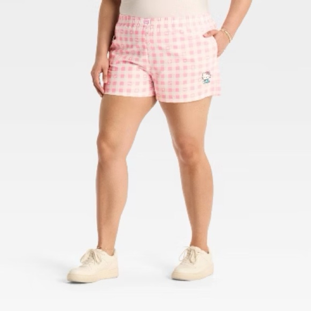 Hello Kitty Sanrio Plaid Gingham Boxer Pajama Shorts Pink White Size Large